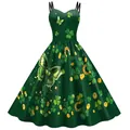 Green St. Patrick's Day A-line dress with shamrock and butterfly digital print - S / Dark Green Butterfly Gold Coin Clover (B361-1032)