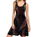 Sleeveless A-line summer dress with colorful digital palm leaf print on black fabric - S / Bottoms / Multicolor Feather Print (B220-1022)