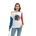 Women's off-shoulder long sleeve top with stars stripes print and heart graphic design - S / Triple Hearts Leopard Flag (GA404-1008)