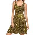 Sleeveless A-line dress featuring golden sequin print and slim fit waist design - Golden Sequin Print (B220-1026)