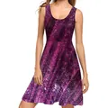 Fuchsia sleeveless A-line dress with colorful sequin print and deep U-neckline - Purple Galaxy Print (B220-1027)