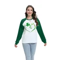 Women's St. Patrick's Day raglan sleeve top with green heart and clover cat print - S / Top - Heart Cat Silhouette Shamrock Style (H002-23A0017) / Dark Green