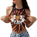 Halloween skull pumpkin crop top tank with Boo Yah print and orange tie-dye style - S / Black Orange Tie-dye BOO YAH (GA123-1096)