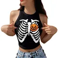 Women's Halloween skeleton rib cage crop top with orange pumpkin print in black - S / Black Skeleton Pumpkin (GA123-1097)