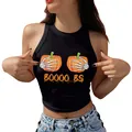 Halloween black crop tank top with skeleton hands pumpkin print and BOOOO...BS text - S / Black Skeleton Hands Pumpkin (GA123-1098)