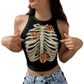 Halloween skeleton rib cage and orange pumpkin print black halter crop top for women - Black Halter Ribs Pumpkin (GA123-1099)