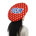 Red beret with white stars and USA letters worn by female model back view - Red Beret Style (PD-1051)