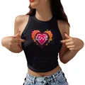 Women's black slim fit crop top with colorful tie-dye heart and LOVE print on front - S / Tie-Dye Heart LOVE Print (YZ24C0008)