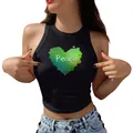 Women's slim black halter tank top with green heart and Peace print for casual summer style - S / Green Heart Peace Print (YZ24C0009)