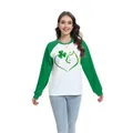 Felpa da donna per San Patrizio con maniche raglan verdi e stampa gatto quadrifoglio - Taglia S / Top - Stile Silhouette di Gatto a Cuore Trifoglio (H002-23A0017) / Verde