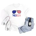 White crew neck T-shirt featuring USA flag aviator sunglasses and Merica print design - S / Flag Sunglasses Style (H001B7-YZ24D0002)
