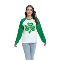 Felpa raglan da donna per San Patrizio con trifoglio verde e stampa a quadrifoglio - Taglia S / Top - Testo Festivo Happy St Patricks Day (H002-23A0023) / Verde