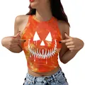 Women's orange tie-dye Halloween crop top with a white pumpkin face print - S / Orange Tie-dye Pumpkin Print (GA123-1095)