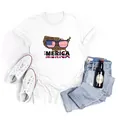 T-shirt blanc USA Merica avec carte léopard et lunettes de drapeau vue à plat - Style Lunettes Carte USA (H001B7-YZ24D0026)