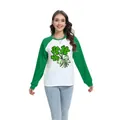 Felpa raglan da donna per San Patrizio con maniche verdi e stampa a trifoglio - Taglia S / Top - Trifogli con Fiocco (H002-23A0025) / Verde