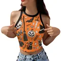 Orange Halloween crop top featuring black skeleton, pumpkin, and bat prints for women - Orange All-over Halloween Print (GA123-1101)
