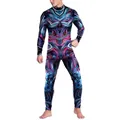 Heren jumpsuit met paars-blauwe digitale print, psychedelisch patroon en rits vooraan - S / Psychedelische Fluid Art Stijl (B473-1002)