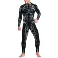 Men's 3D mechanical armor print bodysuit with red cables and front zipper closure - Cyber Mechanical Armor Style (B473-1006)