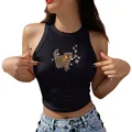 Crop top noir femme avec imprimé graphique chat léopard et lunettes de soleil - Graphique Chat Imprimé Léopard (YZ24C0034)