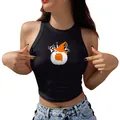 Crop top noir ajusté pour femmes avec imprimé graphique d'Halloween, citrouille et chat - Imprimé Chat Sorcier Halloween (YZ24C0036)