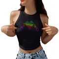 Débardeur noir ajusté pour femme avec imprimé arc-en-ciel en forme de cœur - Imprimé Téléphone Cœur Arc-en-ciel (YZ24C0037)