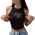 Débardeur court noir pour femme avec imprimé cœur arc-en-ciel et coupe ajustée - Imprimé Cœur Coup de Pinceau Arc-en-ciel (YZ24C0039)