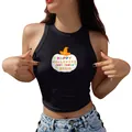 Débardeur noir court dos nu avec imprimé citrouille Happy Halloween pour femme - Imprimé Citrouille Chapeau de Sorcière Halloween (YZ24C0052)