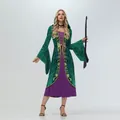 Green velvet hooded witch dress with flared sleeves and gold embroidery for Halloween - S / Green Witch Robe And Dress (XG035-JC0020W)