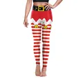 Women Christmas elf leggings with red and white stripes and printed bell decorations - S / Bottoms / Red White Stripe Elf Style(SKDK079)