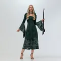 Dunkelgrünes Halloween Hexenkleid mit Kapuze, Trompetenärmeln und weißen Spinnennetzdrucken - Dunkelgrüner Spinnennetz-Druck-Stil (XG035-ZQ0018W)