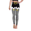 Women's Christmas leggings featuring black and white stripes with festive bell print - S / Bottoms / Black and White Striped Elf Style (SKDK082)