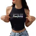 Crop top noir sans manches ajusté avec imprimé coloré Funfetti pour femmes - Imprimé Art Multicolore Funfetti's (YZ24C0069)