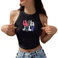 Crop top noir licou pour femmes avec imprimé floral 4th July et coupe ajustée - Graphique Fête de l'Indépendance 4 Juillet (YZ24C0084)