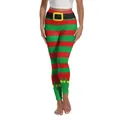 Leggings natalizi da elfo a strisce rosse e verdi con stampa di cintura festiva - Stile Elfo Rosso Verde Nero (XG013-JC0005S)