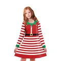 Kids long sleeve Christmas dress with elf theme stripes and snowman print for girls - S / Red & White Elf Style (B487-1006)