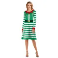 Vestido de elfo de Navidad para mujer con rayas verdes y cinturón y botones estampados - S / Estilo Adulto a Rayas Verdes y Blancas (B486-1005)