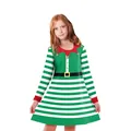 Kids Christmas elf dress with green and white stripes and holiday themed print - S / Green & White Elf Style (B487-1007)