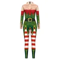 Women's Christmas elf bodysuit featuring green vest design and red white striped leggings - S / Green Vest Red White Stripe Pants Style (B142-538)