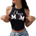 Women's black sleeveless crop top with white Cheer MOM print and red heart detail - S / Top-Cheer MOM Print (H013-B2-YZ24C0111) / Black