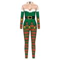 Women's Christmas striped bodysuit with red and green pixel print and high-neck long sleeves - S / Green Top Pixel Bell Belt Style (B142-537)