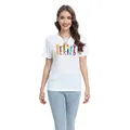Weißes Damen T-Shirt mit Rundhals und farbenfrohem Be Kind Aufdruck aus weichem Stoff - Farbe Be Kind Slogan (H001-B7-YZ24C0137)