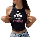 Slim fit black cropped tank top with EAT SLEEP CHEER REPEAT lettering and pink bow print - S / Top-EAT SLEEP CHEER REPEAT Blue White Print (H013-B2-YZ24C0112) / Black