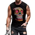 Men's black tank top with colorful Day of the Dead skull print on white background - S / Black