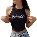 Slim fit black halter crop top for women with white #cherlike print and pink bow detail - S / Top-#cherlike Print (H013-B2-YZ24C0116) / Black