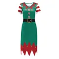 Detail of Christmas elf dress featuring red jagged collar with gold bells and candy print - S / Christmas Elf Style (B323-1009)
