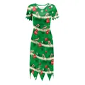 Christmas V-neck dress with festive candy cane and tree print with zigzag hemline - S / Christmas Tree Print (B323-1008)