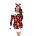 Abito aderente natalizio a quadri rossi con fiocchi di neve e cerchietto con corna di renna - Taglia S / Stile Quadri Rosso Nero Fiocco (B488-1021)