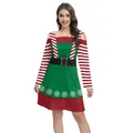 Women's Christmas elf striped dress with green bodice and snowflake print - S / Cold Shoulder Stripe Elf Style (B486-1014)