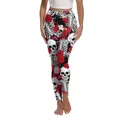 Women's Halloween skull and red roses print yoga leggings in black and white - Black White Skull Rose (JC0041W)
