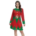 Christmas elf long sleeve A-line dress in festive red and green stripe digital print - S / Red And Green Zigzag Elf Style (B486-1016)